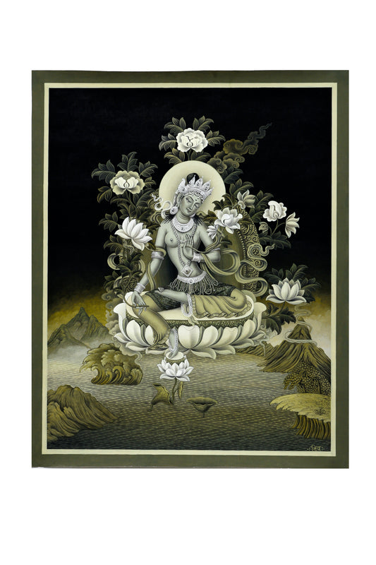 White and Dark Green Tara Thangka