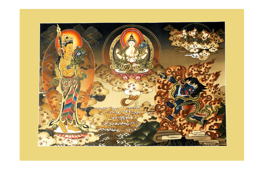 Divine Trinity Thangka: Manjushri, Chenrezig, Vajrapani