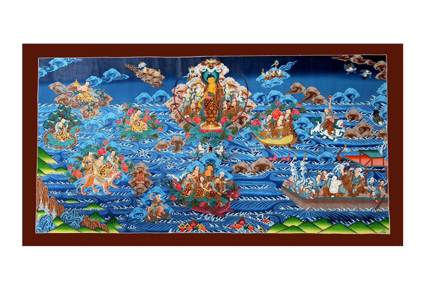 Tranquil Reflections Thangka: Standing Buddha Amidst Water