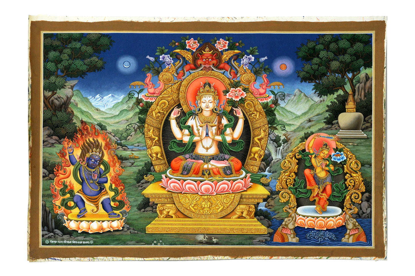 Divine Trio Thangka: Chenrezig, Vajrapani, and Lakshmi Masterpiece