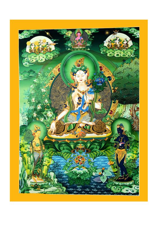 Radiant White Tara: Embossed Golden Masterpiece Thangka in Green Color